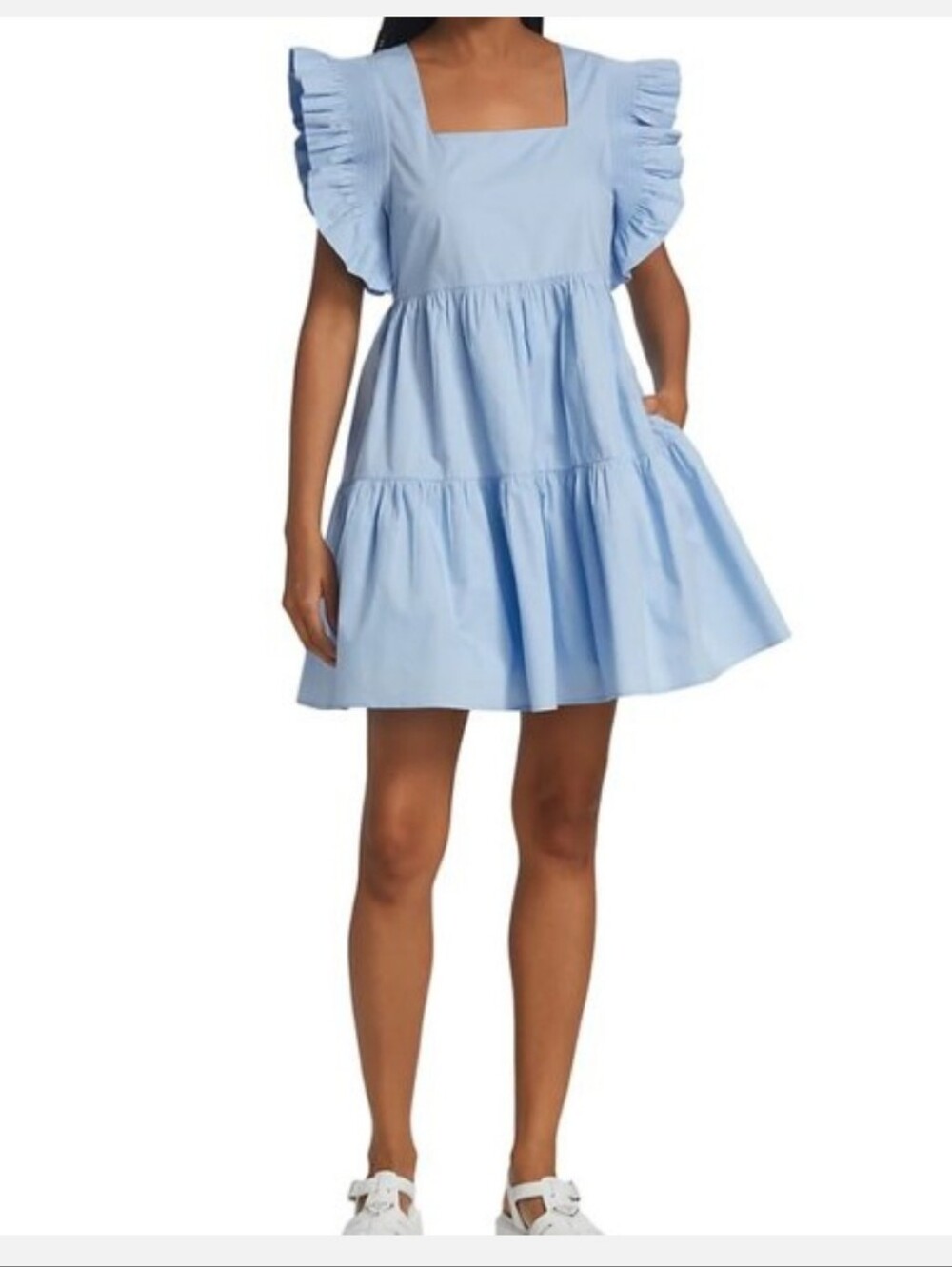 English Factory dress Blue Tiered Midi Smocked Ruffled Sleeves Square Neck 2X